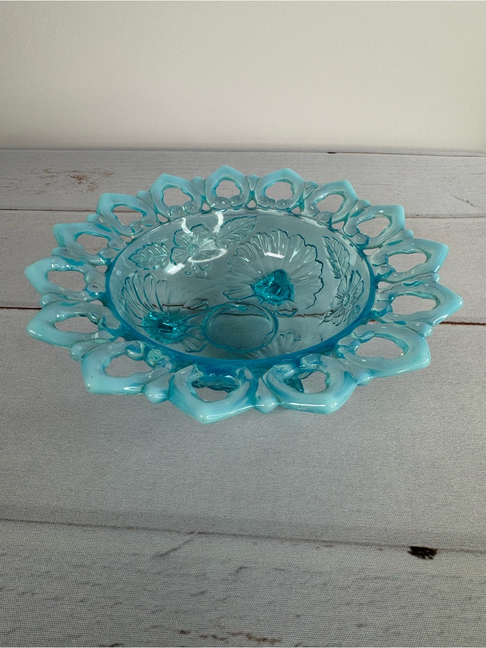 Antique Northwood Blue Opalescent "Shell and Wild Rose" Footed Bowl c1906